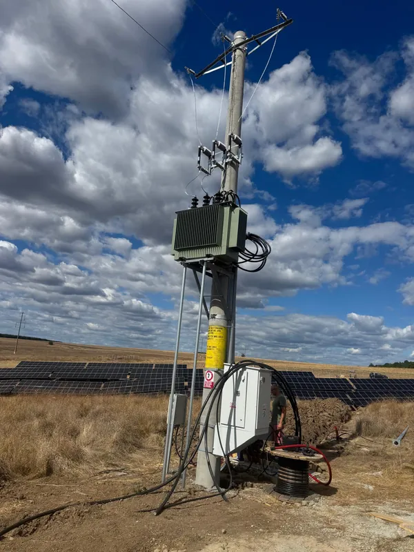 Pole-mounted transformer connecting the park to the grid, with panel rows behind